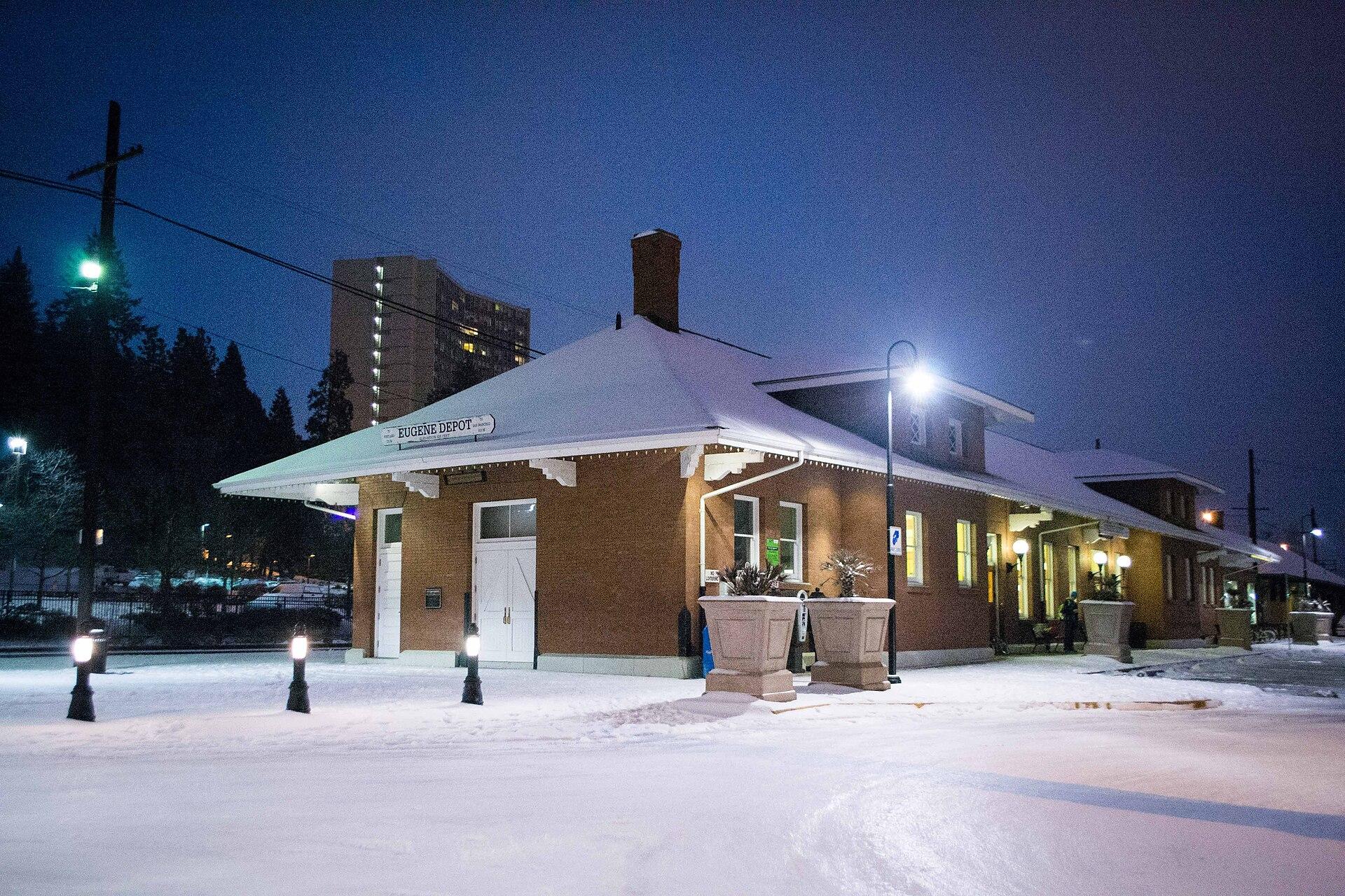 Eugene Depot after a valley-floor snow, downtown Eugene